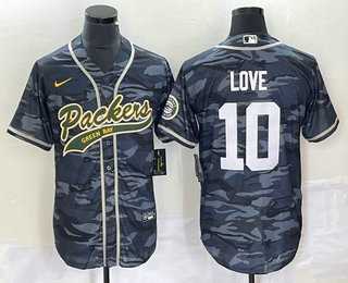 Men%27s Green Bay Packers #10 Jordan Love Grey Camo With Patch Cool Base Stitched Baseball Jersey